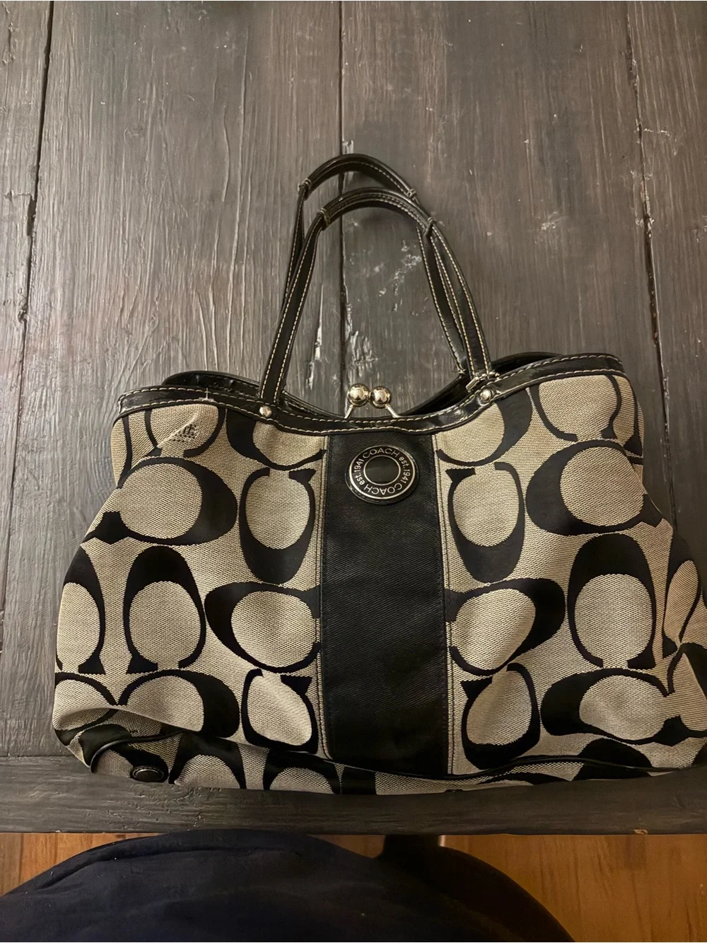 Coach Black and Cream Signature Tote with Leather Trim Y2K vintage